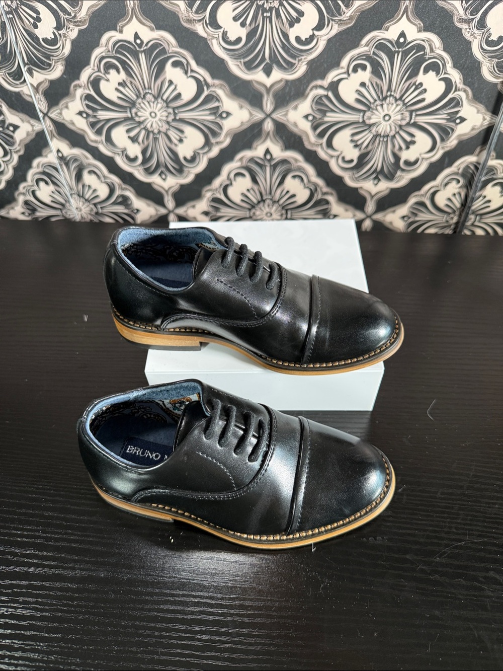 Bruno Marc Boy’s Black Leather Cap-Toe Derby with Tan Welt